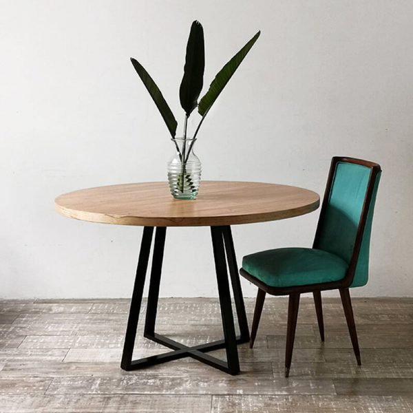 Mesa redonda de comedor en madera petiribí o paraíso y hierro de diseño escandinavo minimalista