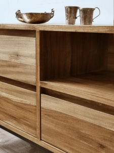 Aparador vajillero o mueble de tv en madera petiribí y hierro diseño minimalista
