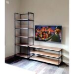 Biblioteca compuesta o modular de tv de madera paraíso y hierro
