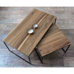 Juego de mesa baja o ratona en madera petiribí o paraíso con patas de hierro de diseño escandinavo industrial minimalista