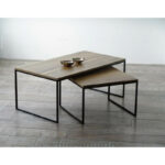 Juego de mesa baja o ratona en madera petiribí o paraíso con patas de hierro de diseño escandinavo industrial minimalista