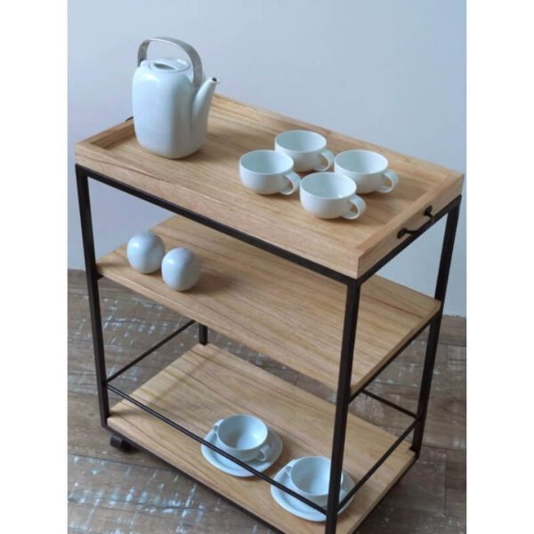 Carro bar o auxiliar con ruedas en madera petiribí o paraíso con patas de hierro de diseño escandinavo industrial minimalista