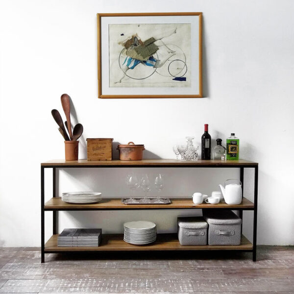 Consola o aparador en madera paraíso o petiribí y hierro diseño minimalista.
