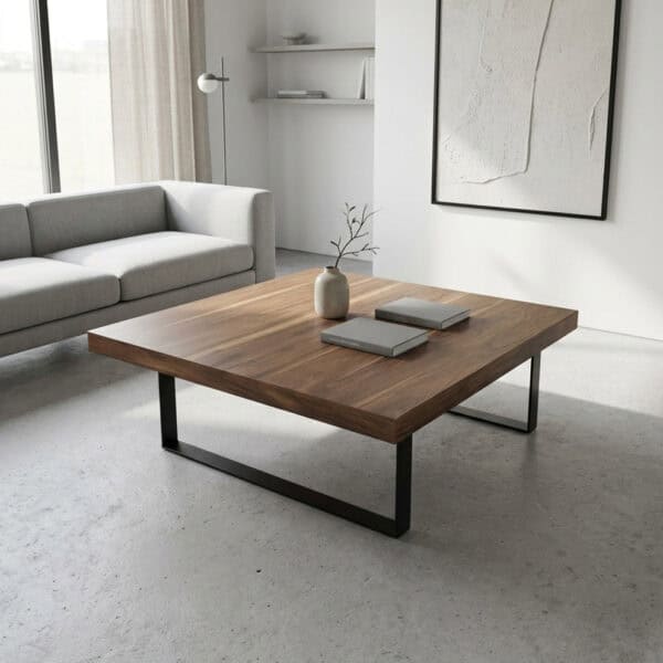Mesa ratona cuadrada Patagonia de peteribí enchapado y laqueado con base de hierro negro, en un living con sillón gris y piso de cemento