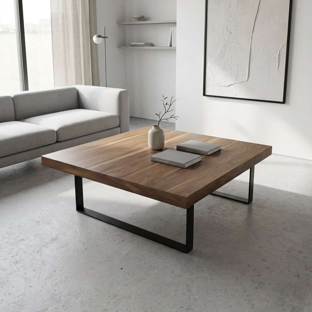 mesa-ratona-patagonia-peteribi-quadrat-muebles -120x120 (1) Mesa ratona cuadrada Patagonia de peteribí enchapado y laqueado con base de hierro negro, en un living con sillón gris y piso de cemento