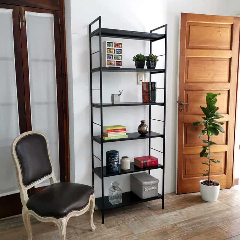 Estantería negra minimalista con libros y plantas en sala moderna.