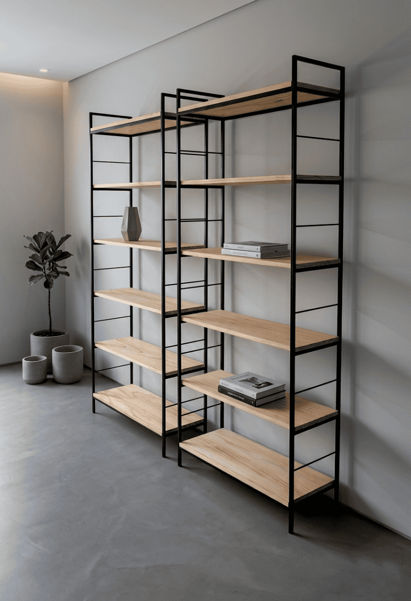 Estantería de pared con estructura metálica y estantes de madera natural.
