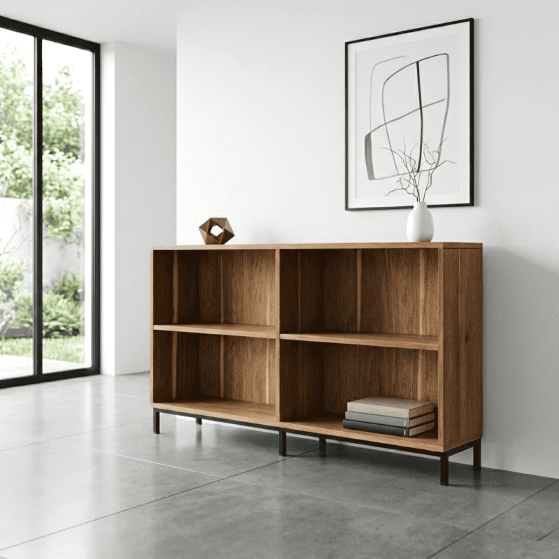 Aparador biblioteca Florida de madera en ambiente moderno y minimalista.