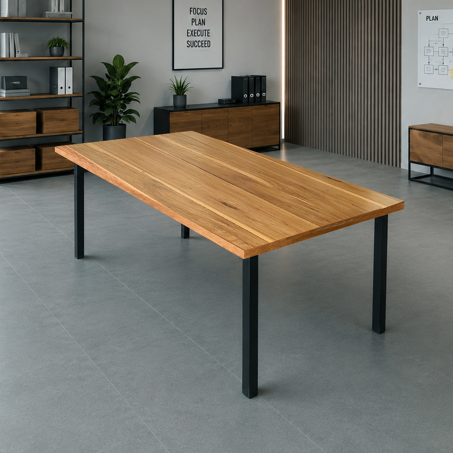 Mesa de comedor y reuniones de peteribí de 200 × 100 cm con estructura de hierro negro reforzado y terminación satinada, diseño minimalista.
