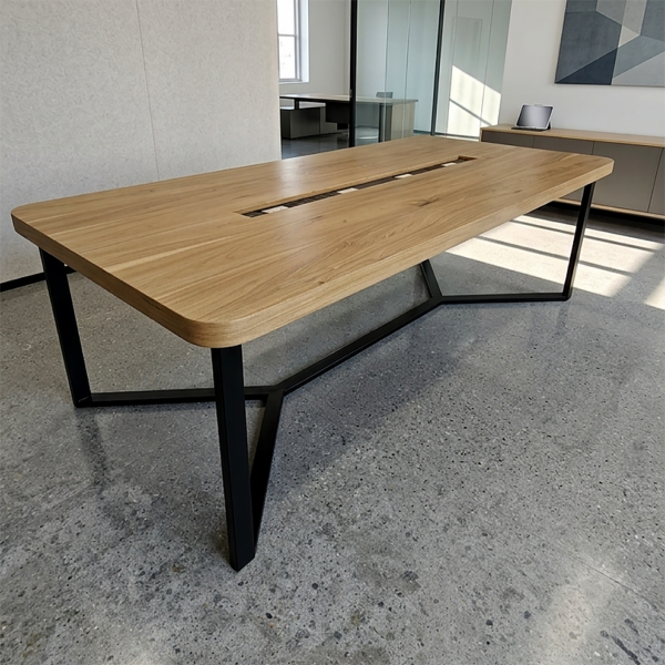 Mesa de reuniones y trabajo de madera peteribí con estructura de hierro negra